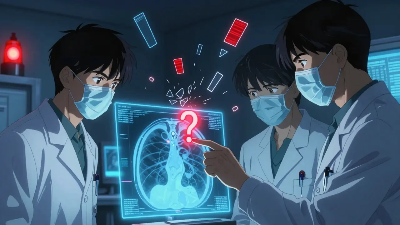 三人の放射線科医がホログラフィック画像でラベルの不一致を検討している様子。