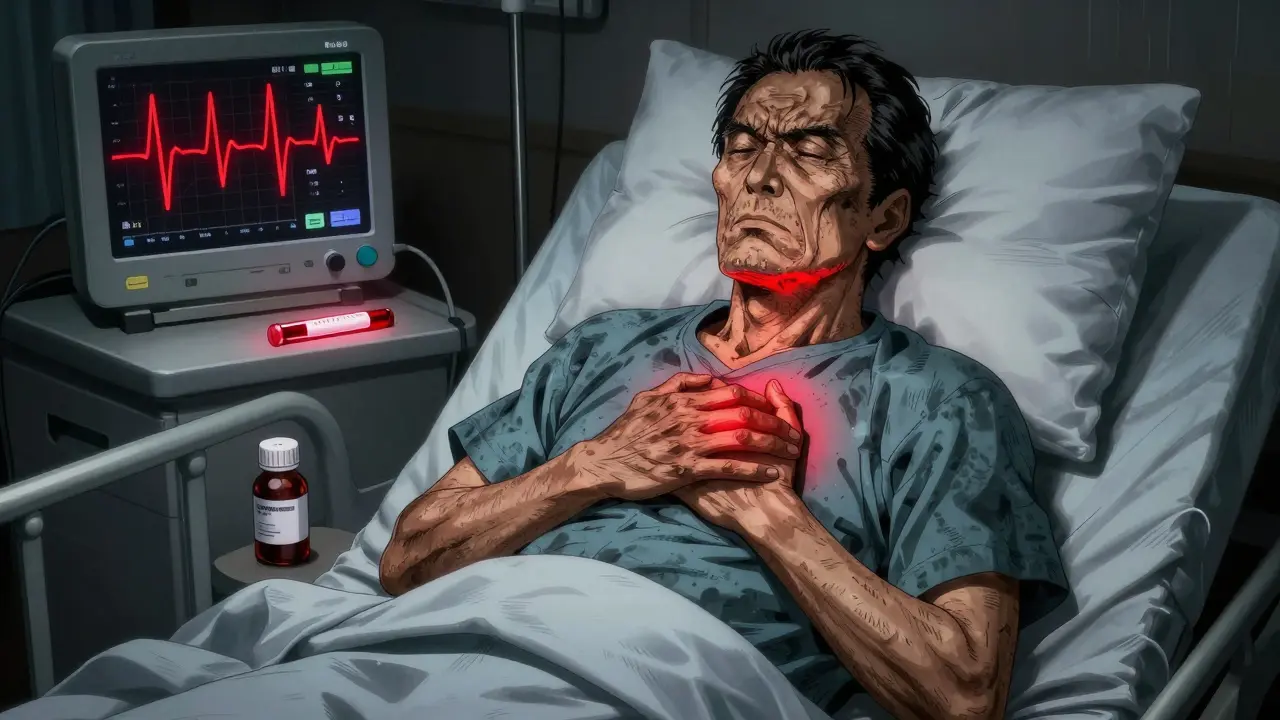 シプロフロキサシンによるテオフィリン中毒のECGと血液サンプル