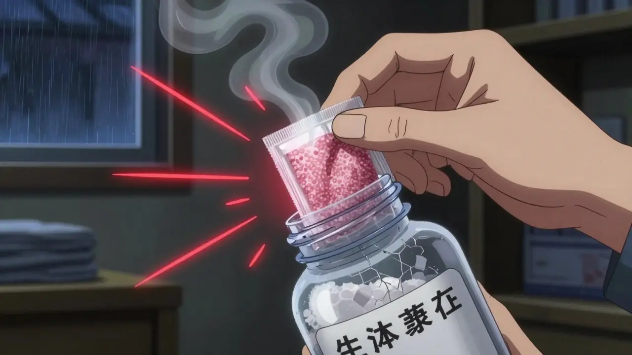 手が乾燥剤を薬瓶に挿入し、湿気の蒸気が吸収される瞬間。