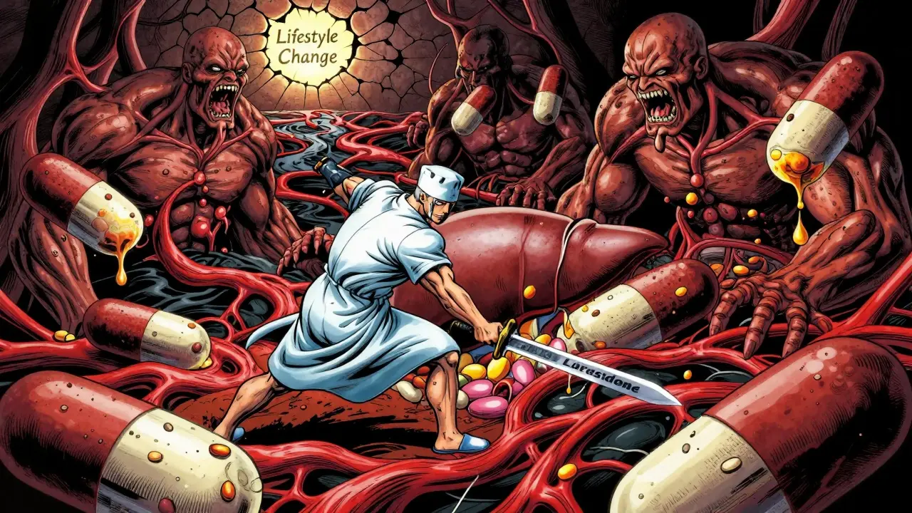 体内で抗精神病薬の悪魔と低リスク薬の戦士が戦い、代謝組織が戦場となる暗黒的なシーン。