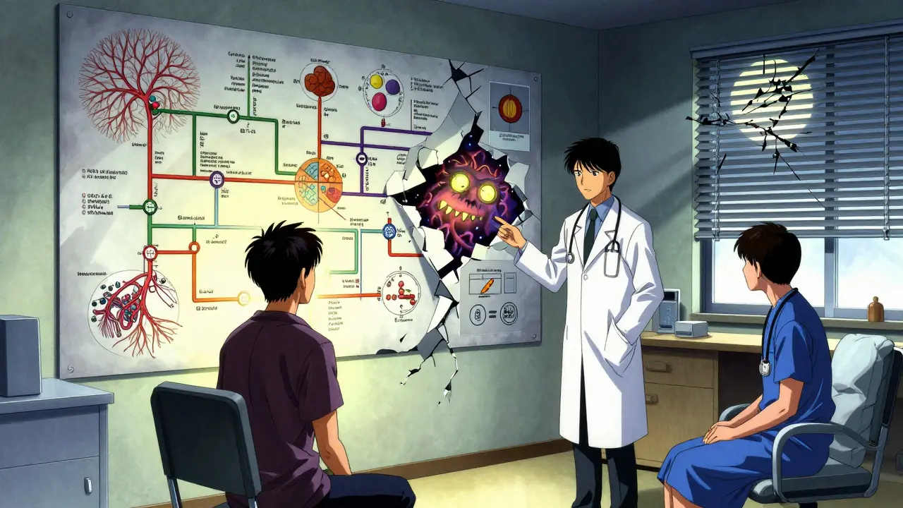 痛みと睡眠の専門家が、神経と炎症の崩壊する図解の前で患者を助けるシーン。