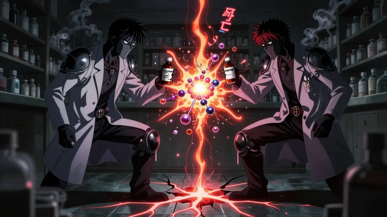 トラマドールと抗うつ薬が化学反応を起こし、神経系を破壊するシーン。