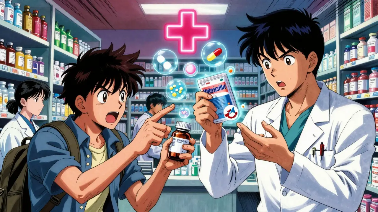 外国の薬局で薬の名前が通じず困惑する旅人と薬剤師、成分の文字が浮かぶ