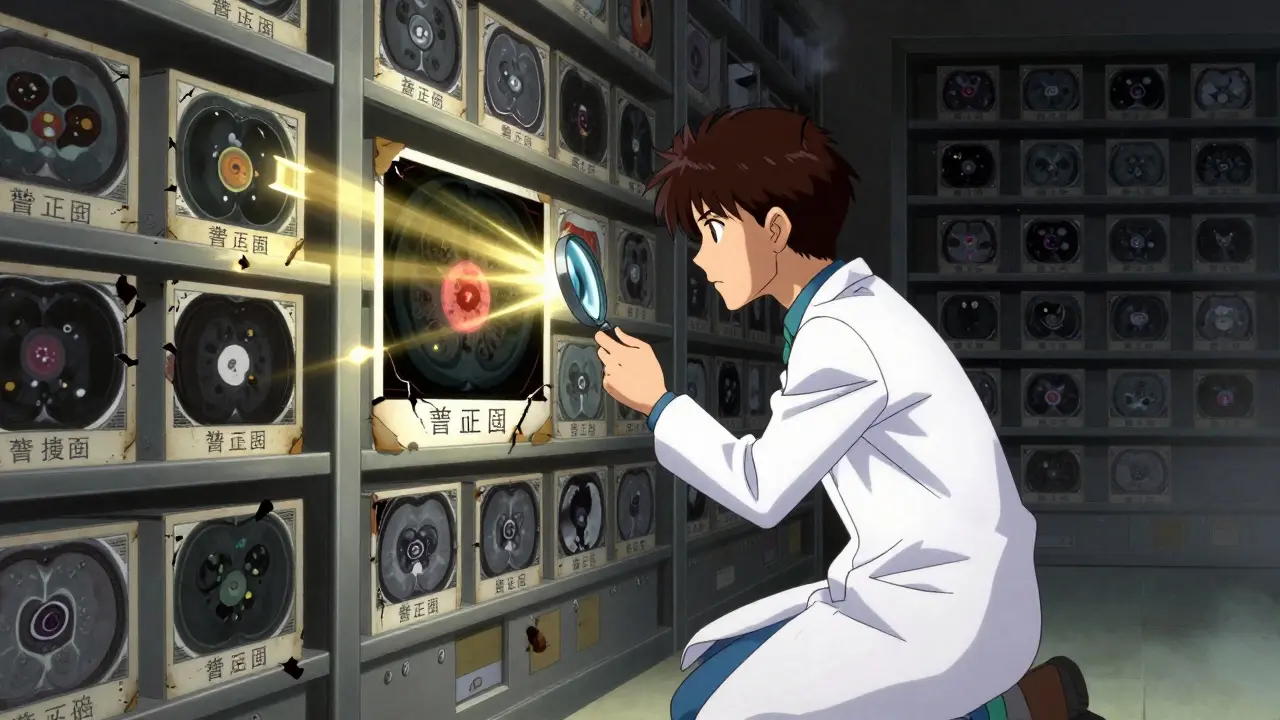 誤ったラベルが剥がれ落ち、正しい診断が光と共に浮かび上がる医療画像の修正場面。