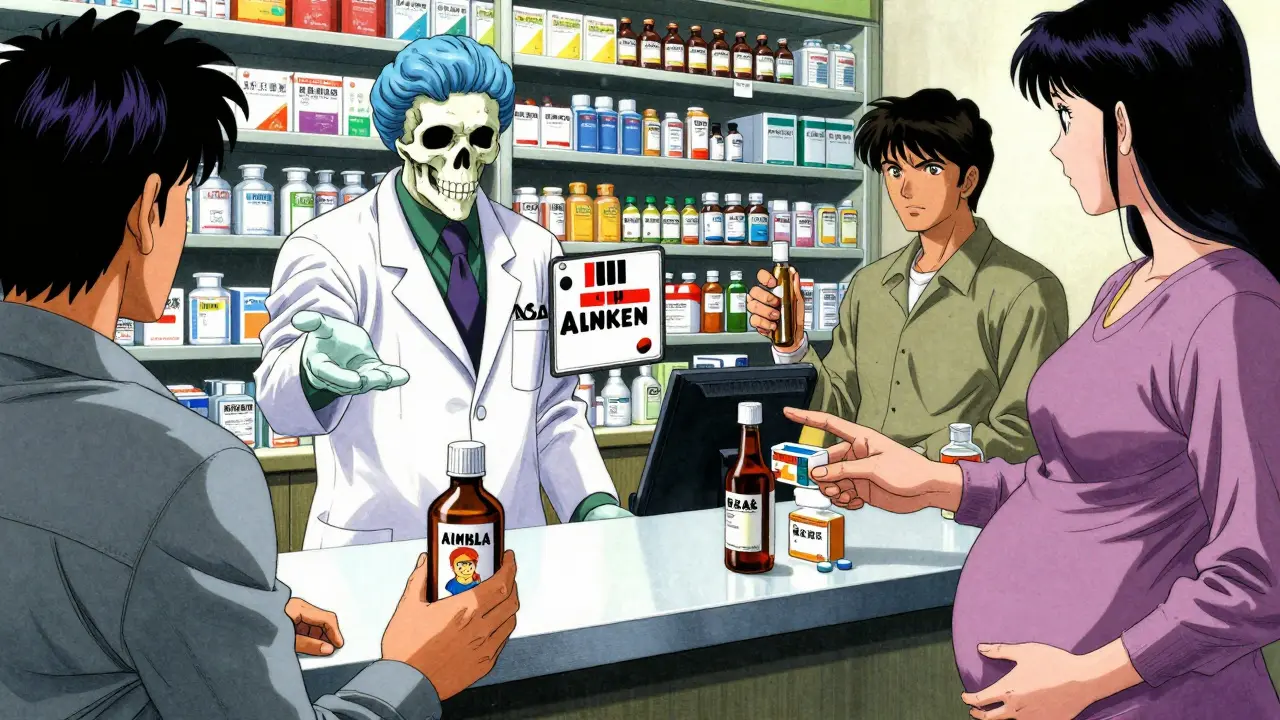 薬剤師が複合薬の危険を警告する中、異なる客が誤った薬を手に取る場面。