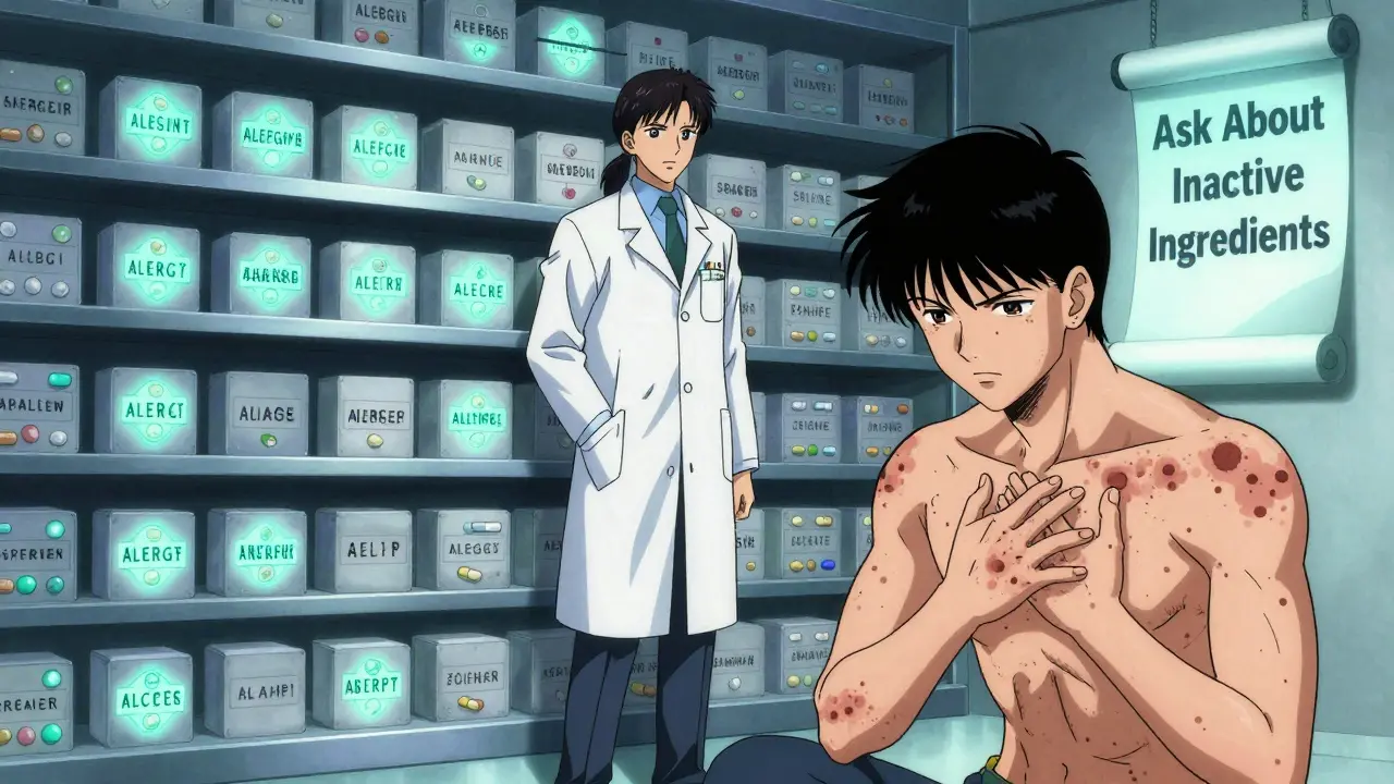 薬剤師と患者の間でアレルギー情報の重要性が伝わる緊張した瞬間。