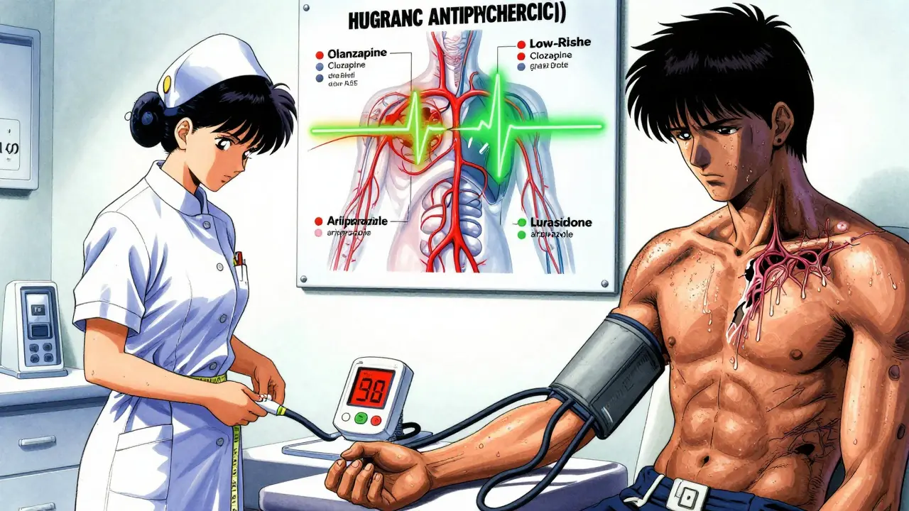 医療スタッフが患者のウエスト測定と血糖検査を実施、薬のリスク比較図が壁に表示される。