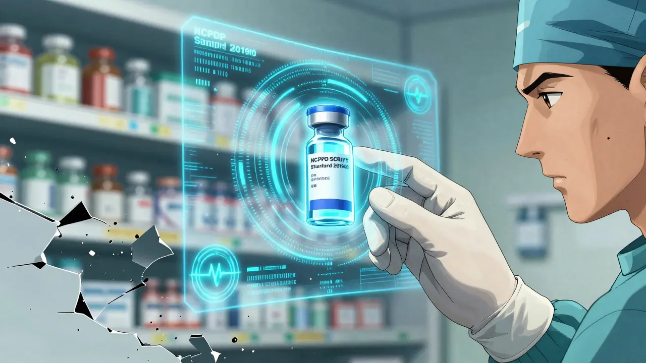 医師が holographic インターフェースでコントロールドラッグの電子処方を送信するシーン