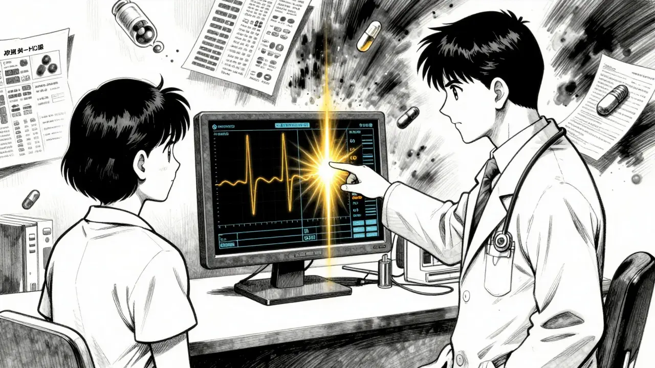 医師と患者の間にクレアチニンとシスタチンCの比較データが浮かぶ、インクで描かれたアニメ風ディテール。