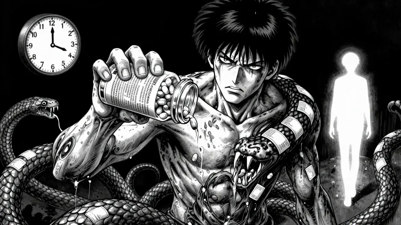 ベンゾジアゼピンの瓶を握る男性の体に依存の蛇がからまり、過去の自分を見送っている。