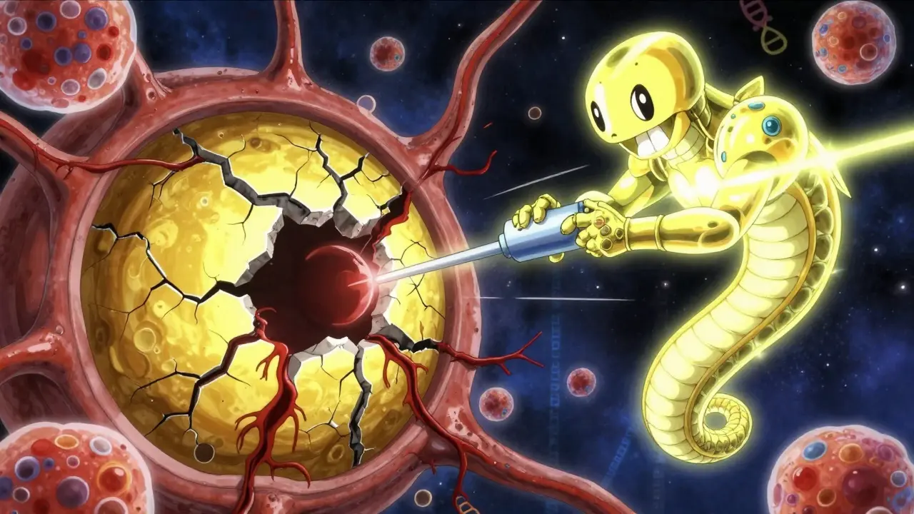 黄斑の劣化と抗VEGF薬の戦いを象徴的に描いた、網膜の宇宙的なバトルシーン。