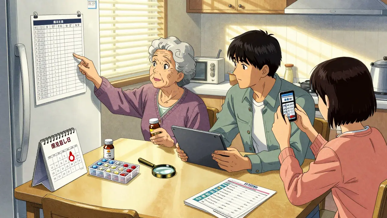 家族が朝食前に冷蔵庫の薬リストを確認しながら、 Tabletで更新している様子。薬箱と写真がテーブルに並ぶ。