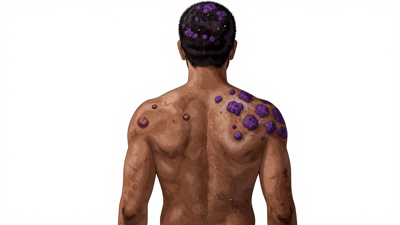 肌の濃い人の顔と背中に現れた湿疹（薄茶色）と乾癬（紫がかった盛り上がり＋銀鱗）の違い。乾癬の周囲に白い輪（ハロー）が見える。