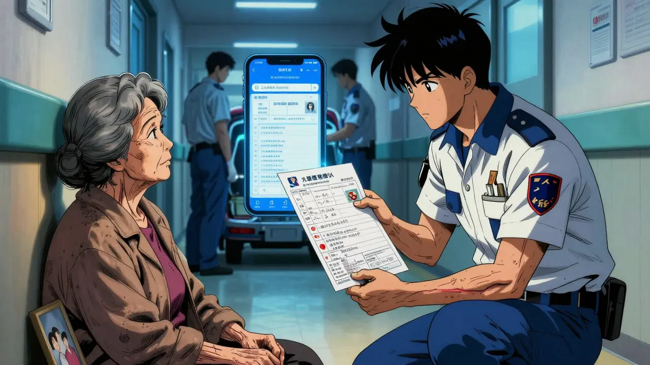 救急隊員が意識不明の高齢者に代わって薬のリストを読み上げている場面。スマホと紙のリストが同時に映る。