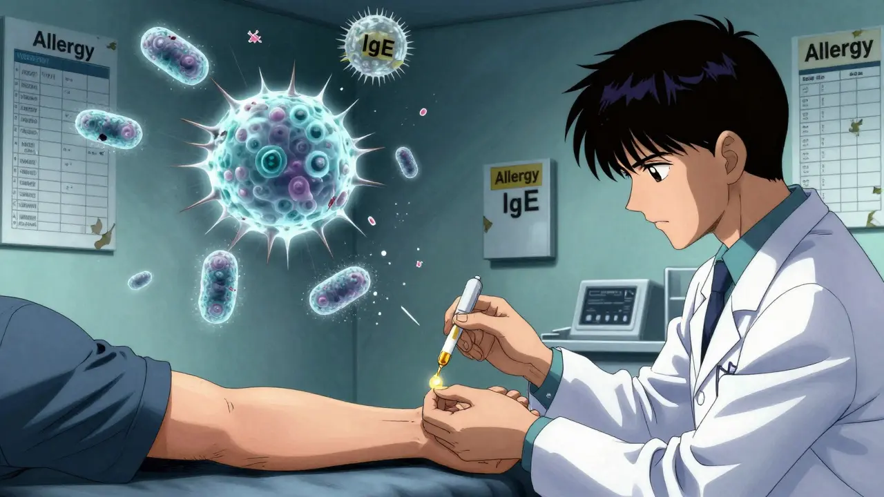 ペニシリン皮膚検査中にT細胞とIgE抗体が戦う臨床シーン。