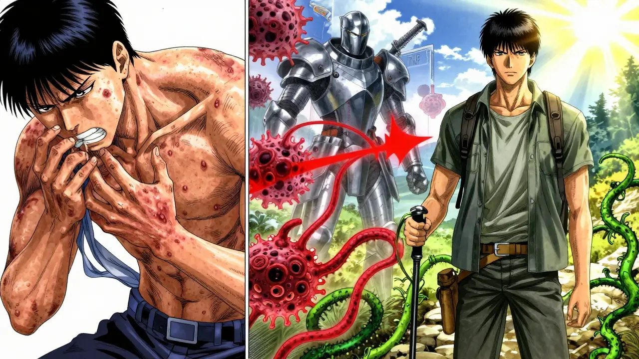 皮膚疾患の苦しみから回復した患者が自然の中で歩く様子、免疫と薬の戦いが象徴的に描かれる。