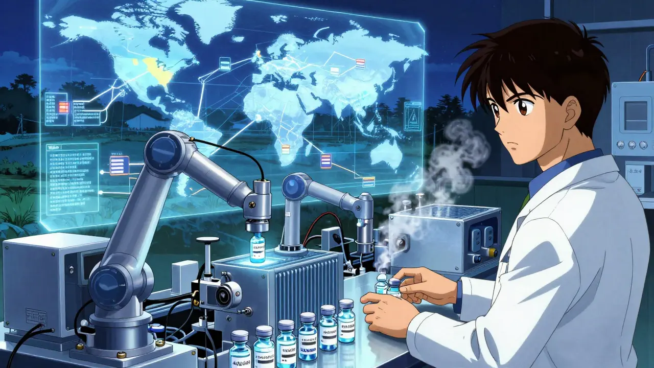 日本の小さな高度工場でAIロボットが救命薬を製造し、世界の分散供給路が hologram で浮かぶ。