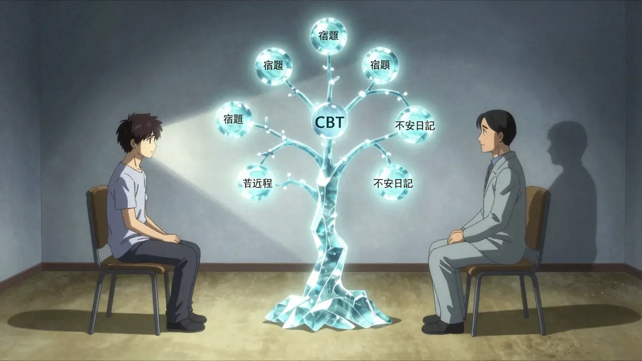 セラピストと患者の間に認知行動療法のスキルツリーが浮かび、光で照らされている。
