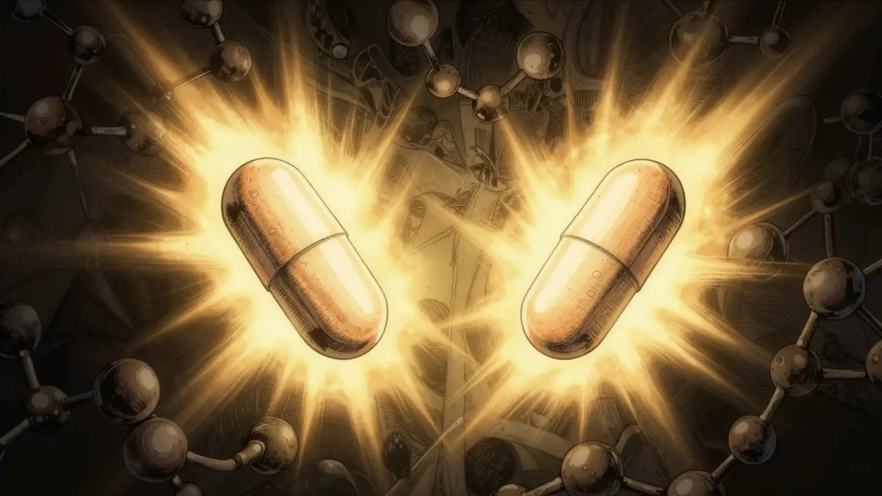 生物学的等価性を表す2つの錠剤が光を放つ幻想的な描写