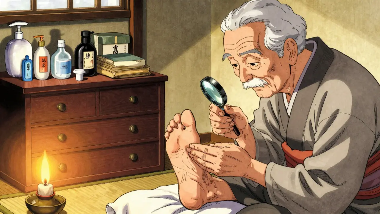 適切なフットケアを行う人物の慎重な様子を描いた絵