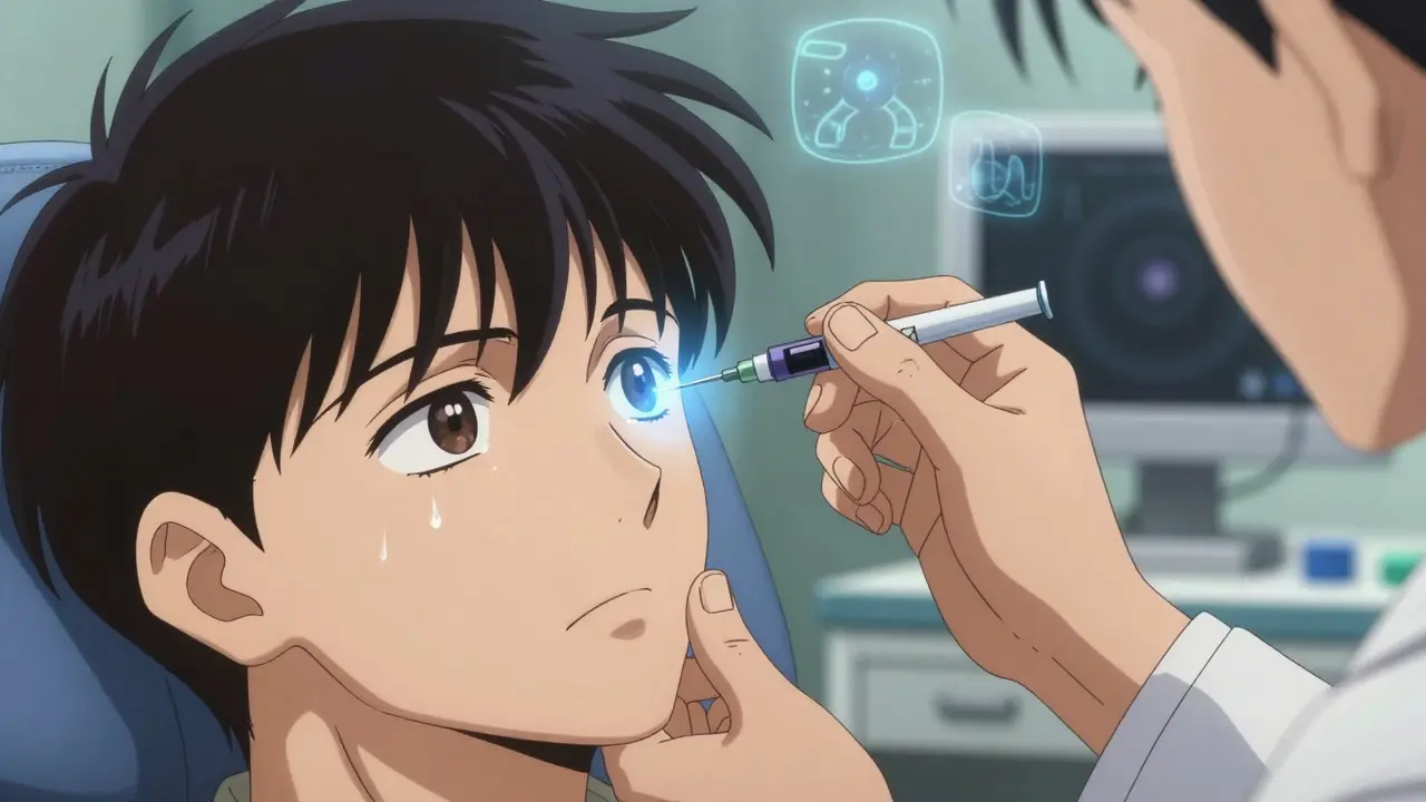 眼科医が抗VEGF注射を患者の目に施す瞬間、光のエネルギーが薬の効果を表現。