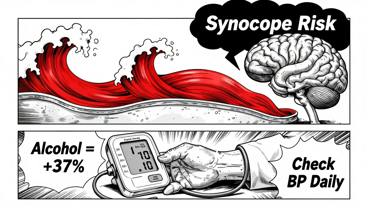 薬による血管拡張とめまいリスクを示す身体の断面図。血圧記録と注意書きが浮かぶ。