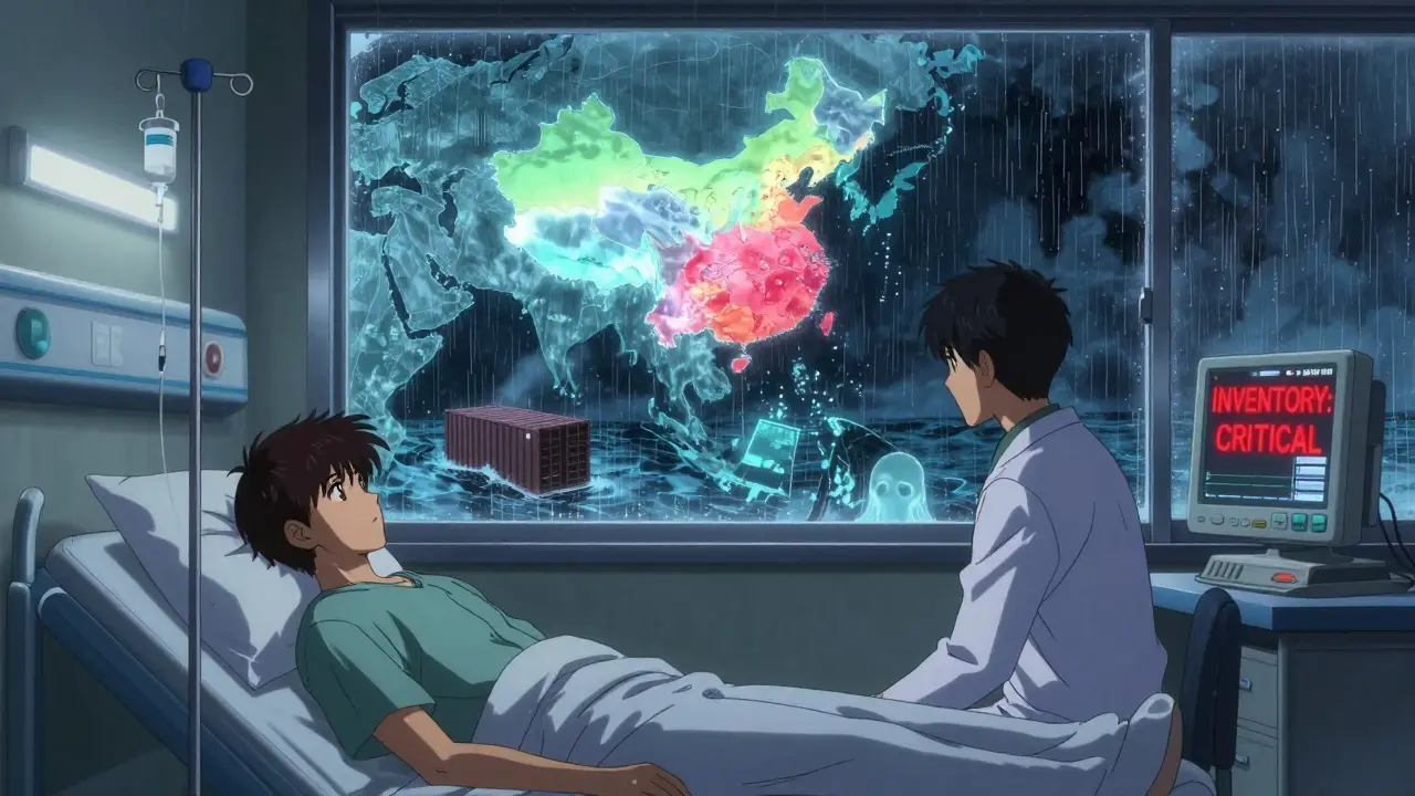 夜の病室で点滴が空になり、アジアの警告地帯が浮かぶ中、医師が危機を静かに見つめる。