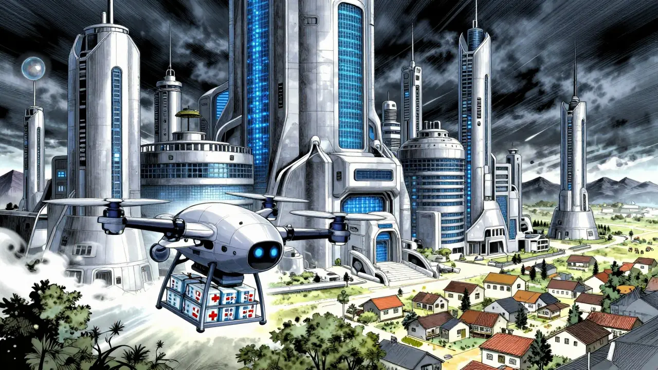 AIドローンが医薬品を運ぶ、強靭で未来的な供給体制の光景