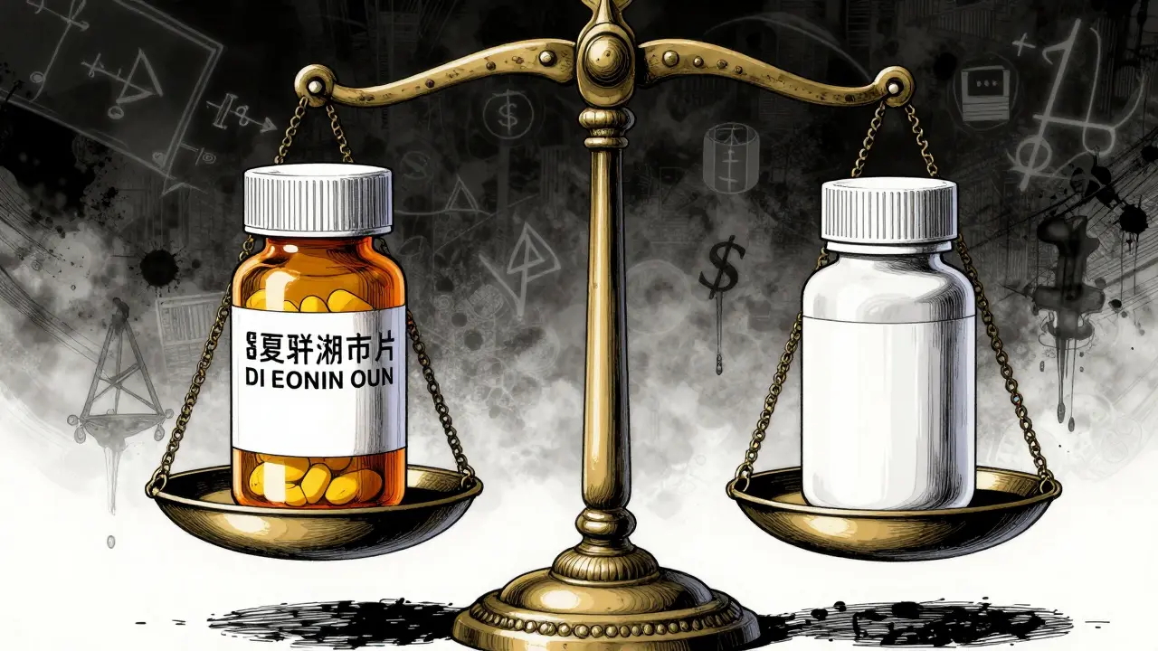 ブランド薬とジェネリック薬の価値を天秤で比較する緻密な漫画風描写