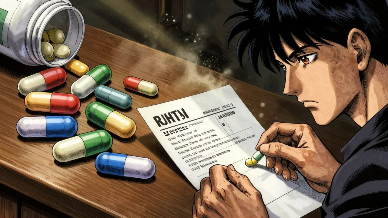 処方箋と照らし合わせて、薬の形状や色を詳細にチェックする様子。