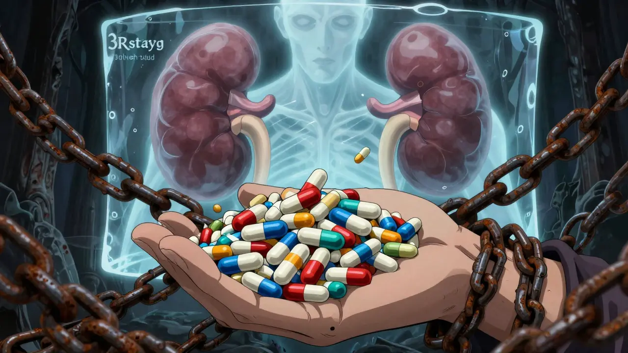 多剤併用のリスクを鎖で表現し、水で腎臓を守る概念図