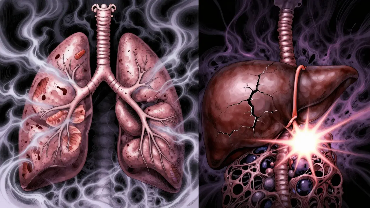 肺の呼吸抑制と肝臓の破壊を対比的に描いた薬物毒性の概念図