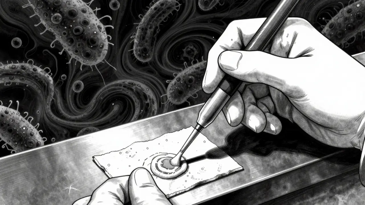 金属表面をスワブで拭き取る手のアップと、周囲に漂う汚染物質の概念図