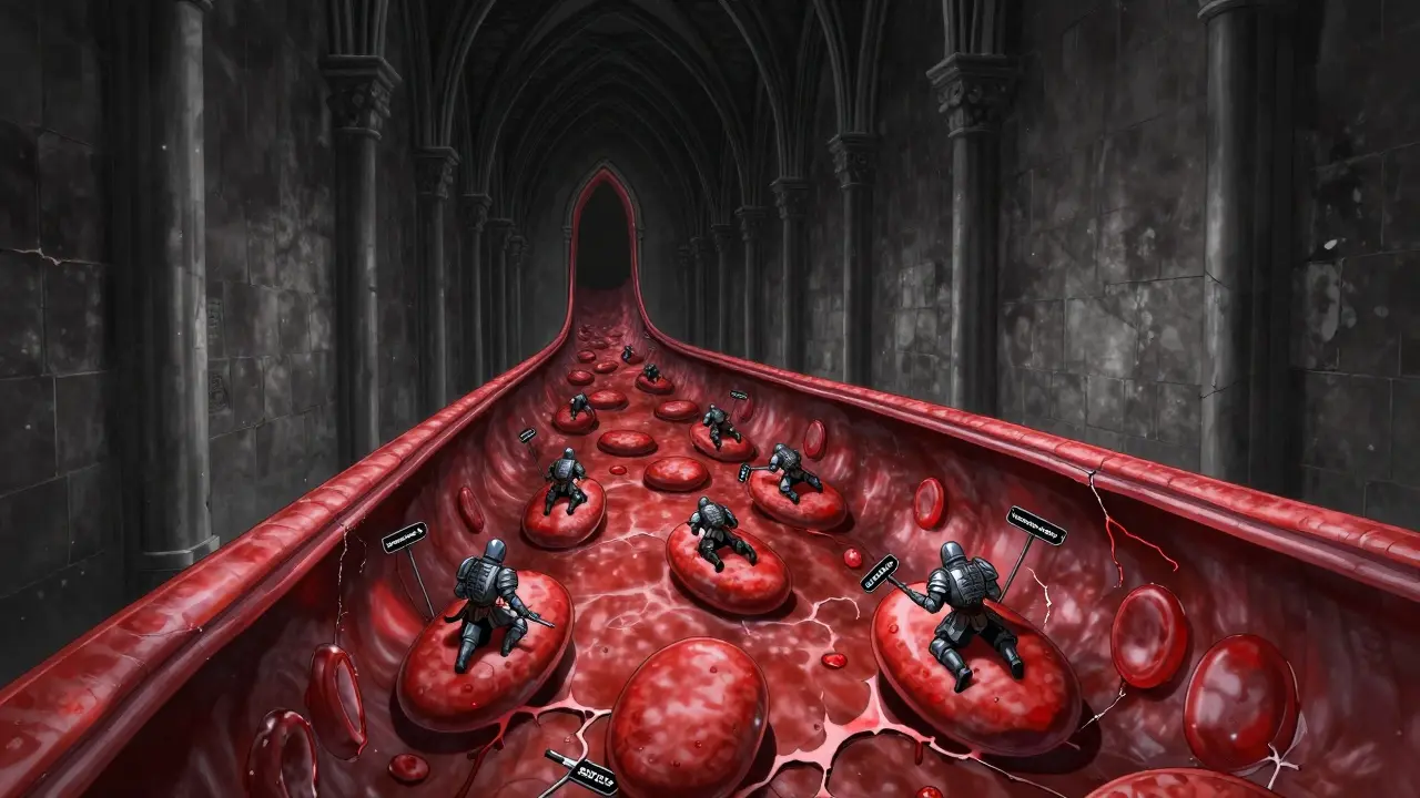 セロトニンが不足し、機能が低下した血小板が血管内で描かれた詳細な図解