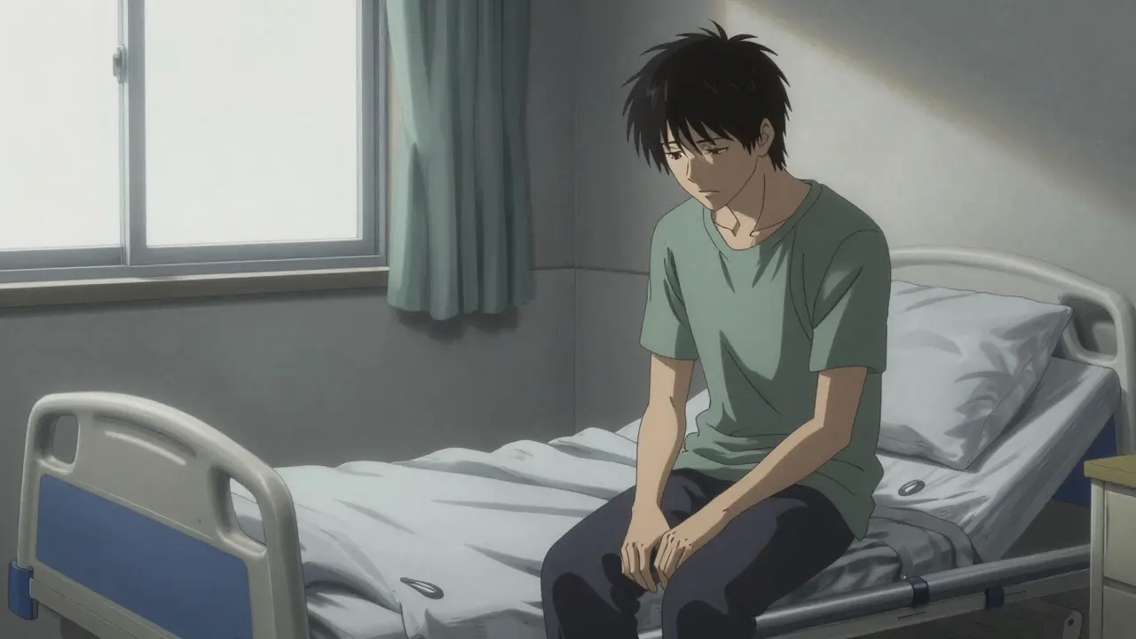 身体的回復後、精神的な葛藤を抱えながらベッドに座る人物の姿