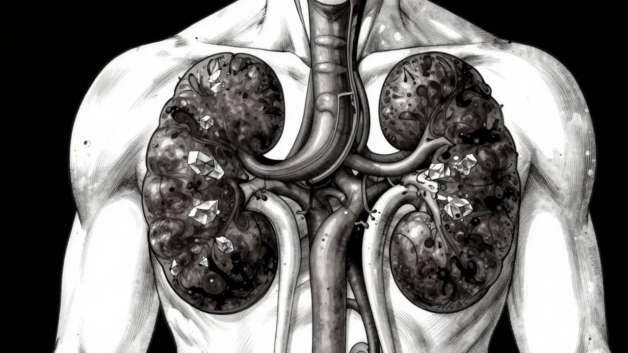 腎臓の尿細管が結晶や毒素で塞がれる様子を描いた緻密な漫画画