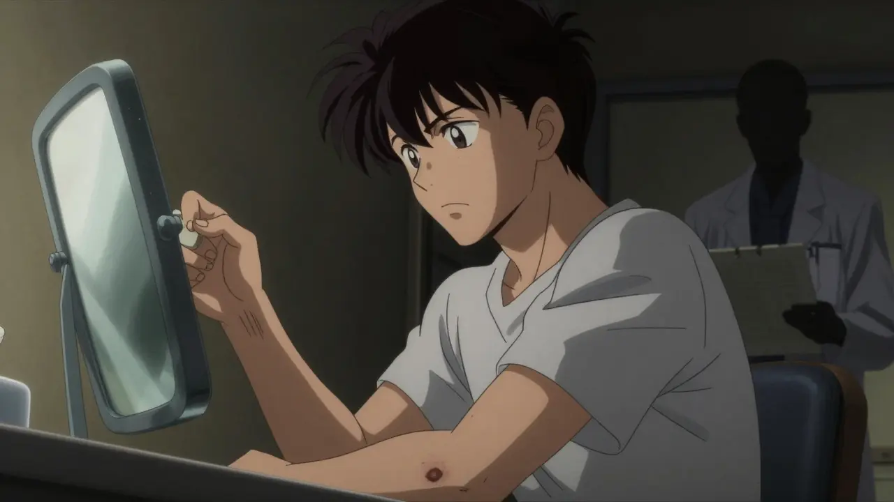 体に現れる出血のサインに注意を払う患者と、それを管理する医師の様子