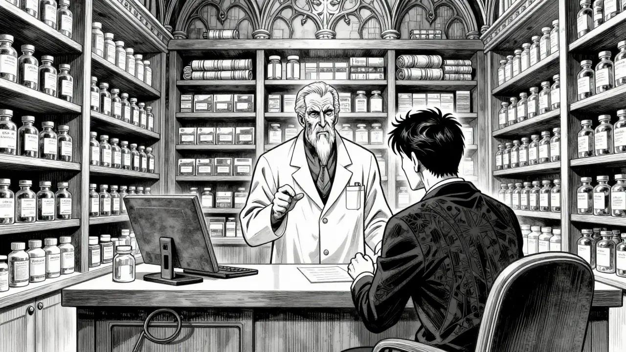 薬剤師と真剣に相談しながら、薬の服用方法を確認する患者。