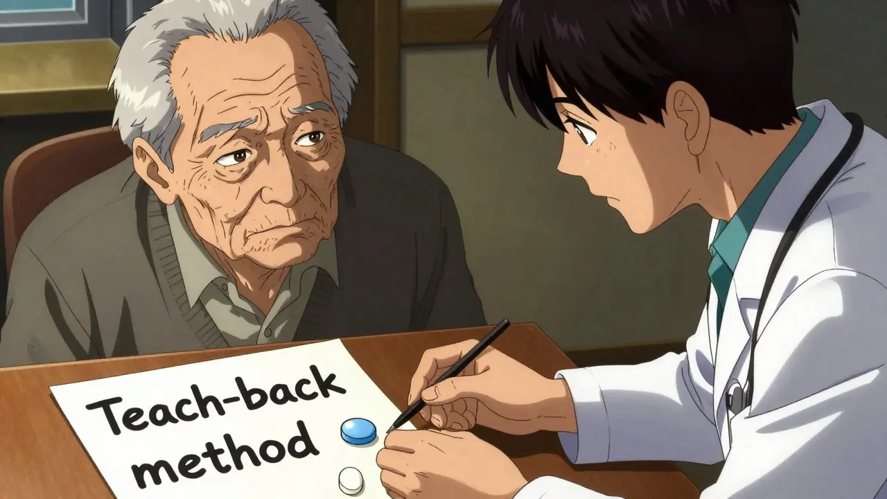 医療者が高齢者に薬の変化を丁寧に説明し、理解を確認する場面