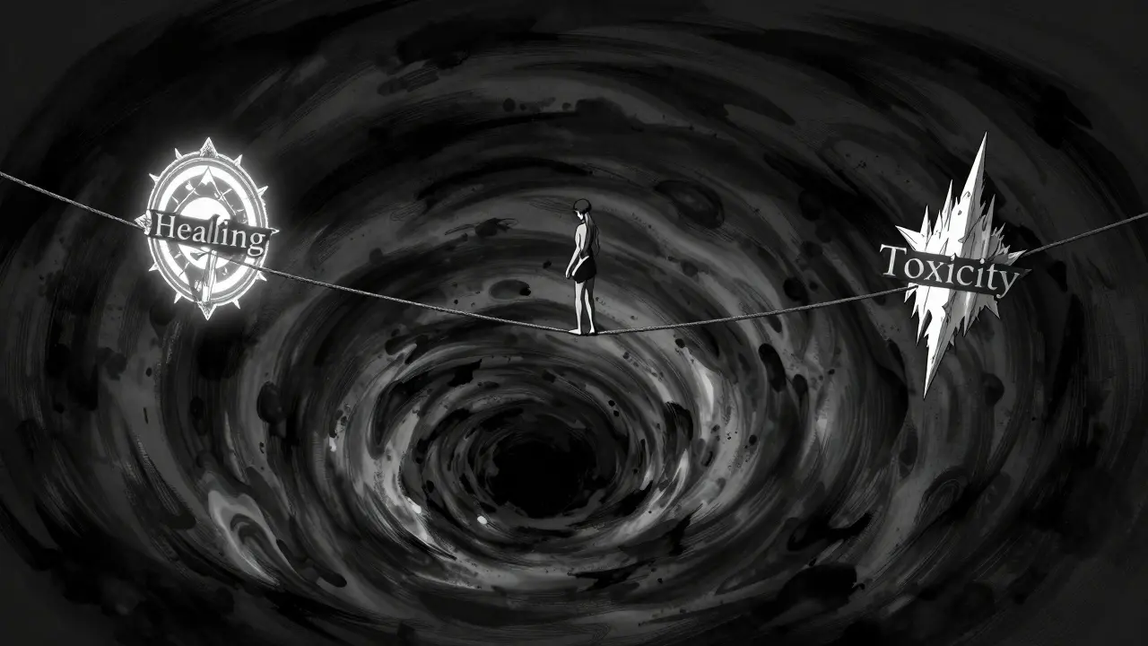 治療域の狭さを、深い奈落に張られた細い綱を歩く人物で表現した概念図