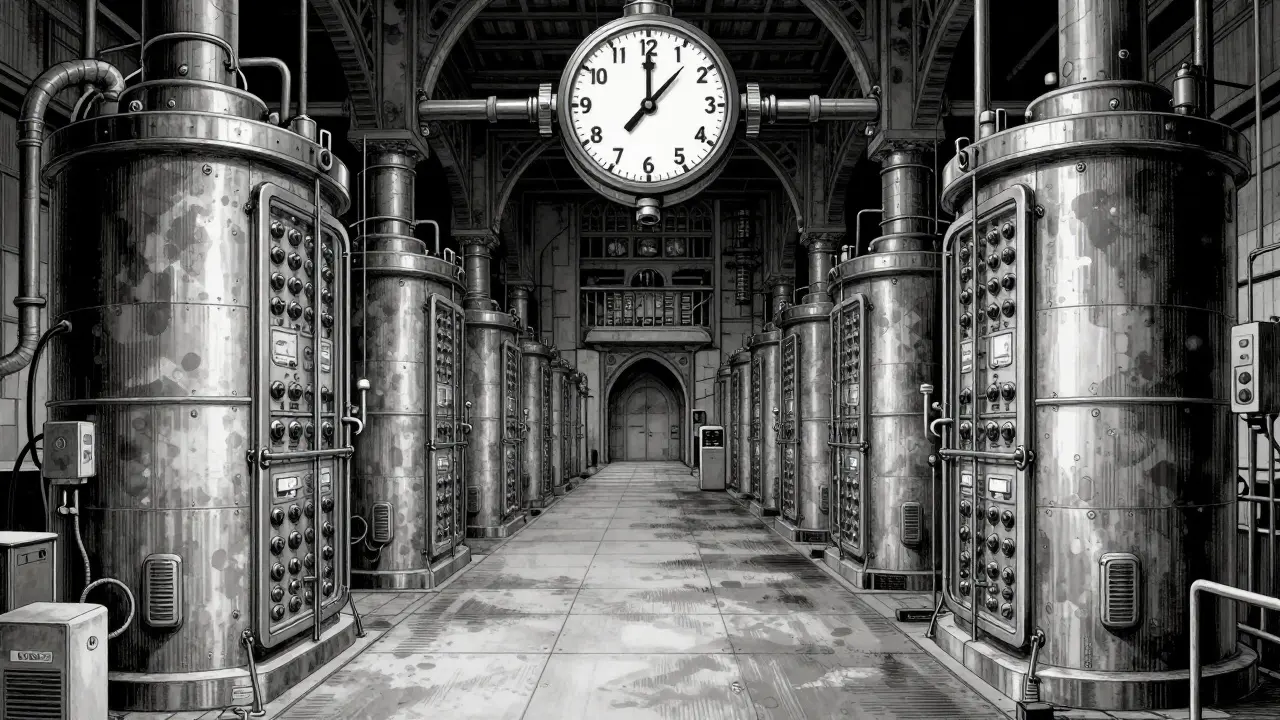 緻密なハッチングで描かれた、厳格な管理が行われる巨大な安定性試験室の風景