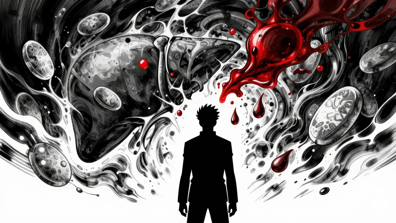 血液凝固抑制剤との相互作用による出血リスクを象徴するダイナミックな描写