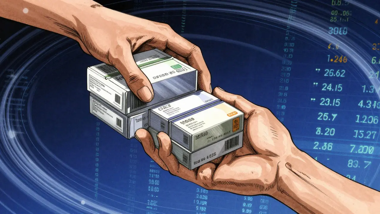 薬のまとめ買いや割引を示す手と箱