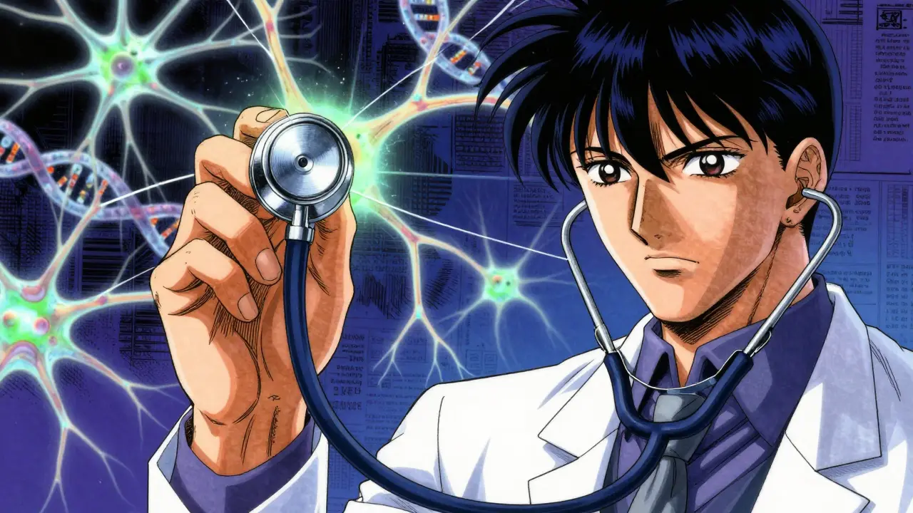 医学的複雑さと遺伝子研究を表す詳細なマンガスタイルのシーン