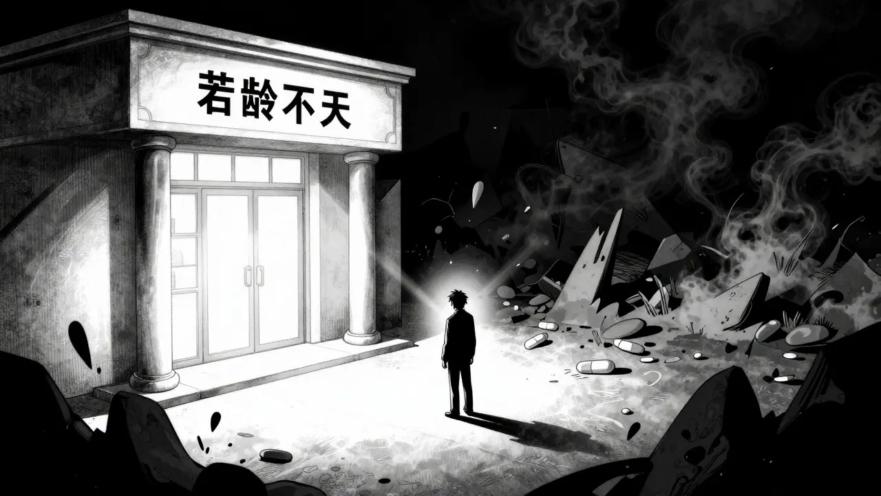 安全な薬局と詐欺サイトの対比を描く暗い背景のイラスト
