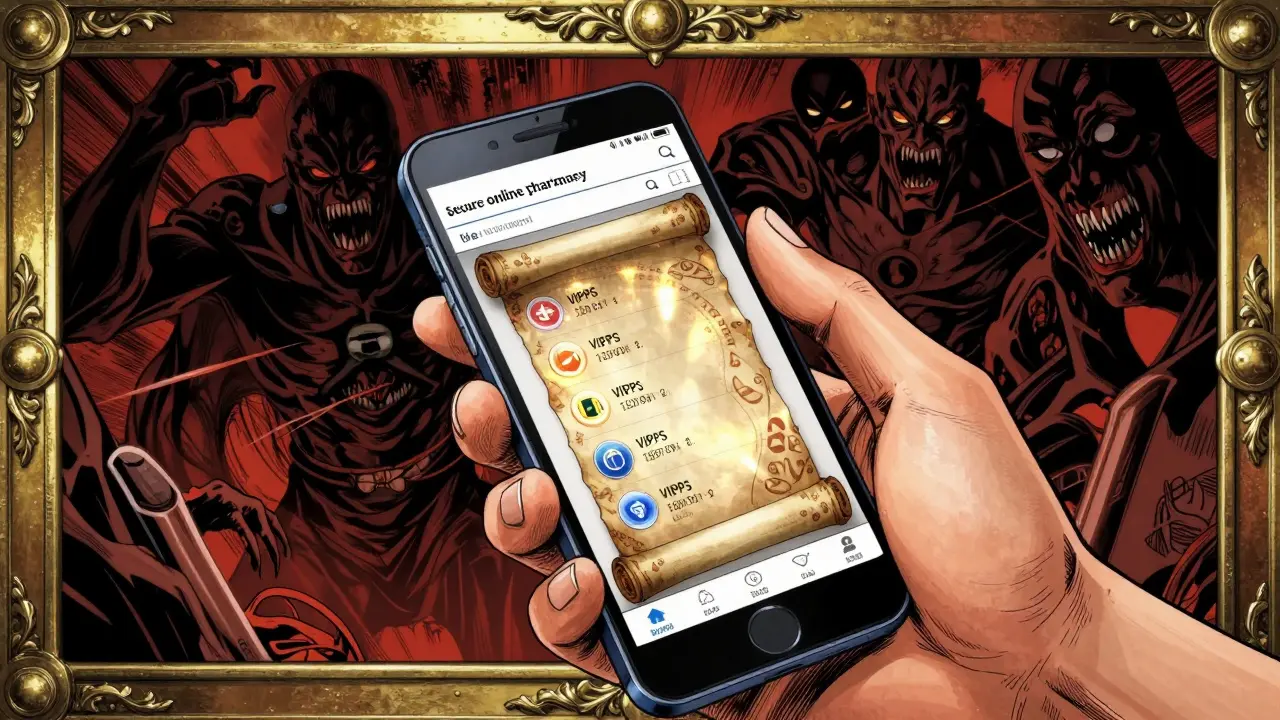 スマホ画面に表示される安全なオンライン薬局のインターフェースと、背後に潜む偽造薬の影