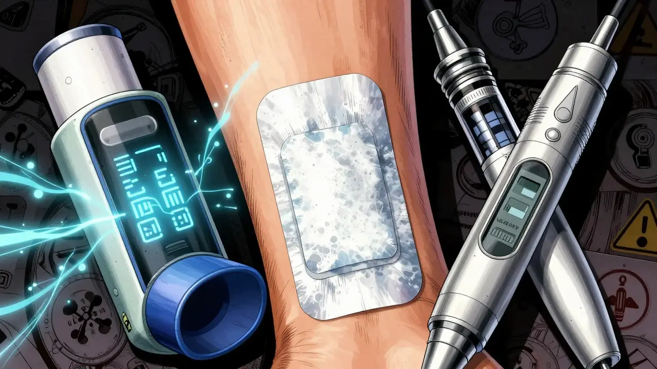 スマート吸入器、パッチ、インスリンペンの詳細なクローズアップ描写