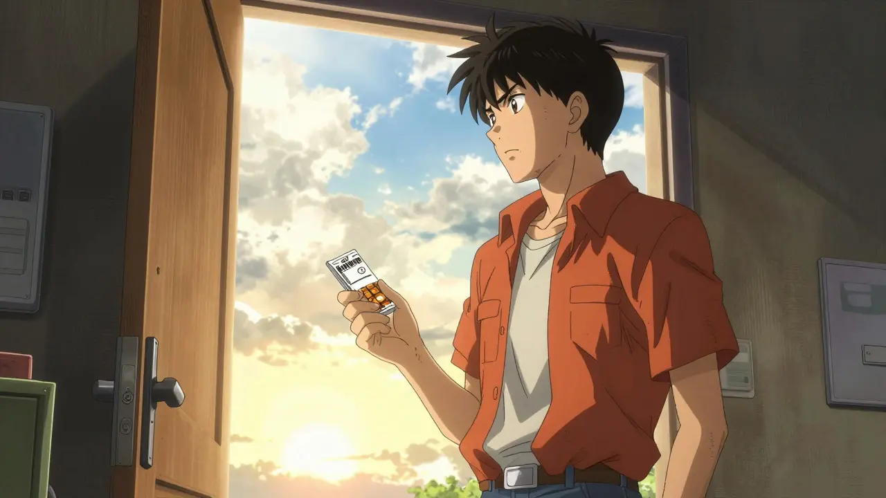 薬のパッケージを持ち、明るい未来を見つめる人物の姿を描いた希望に満ちたアニメ風イラスト
